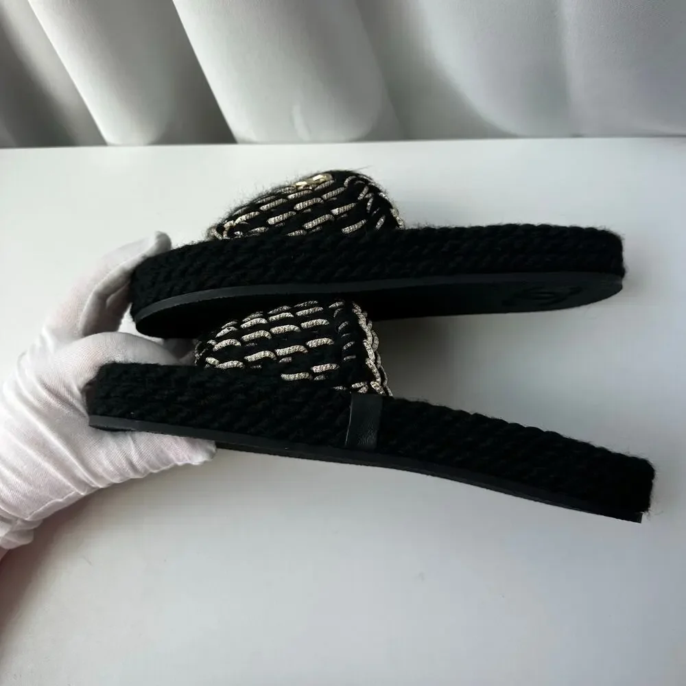 NIB! Chanel (39/8-8.5 US) Interlocking CC Logo Braided Slide Sandals- Black/Gold